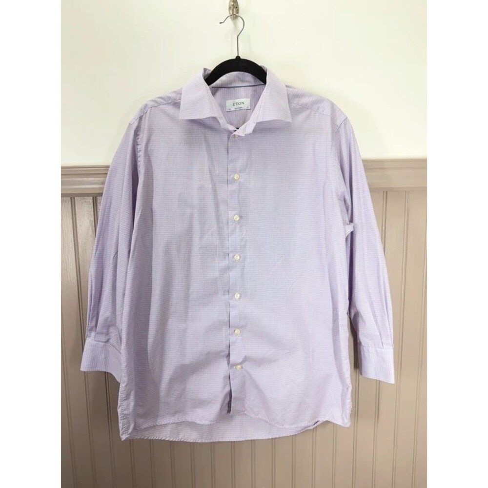 ETON Contemporary Dress Shirt Mens 17 / 43 Pink Blue Tattersall Check